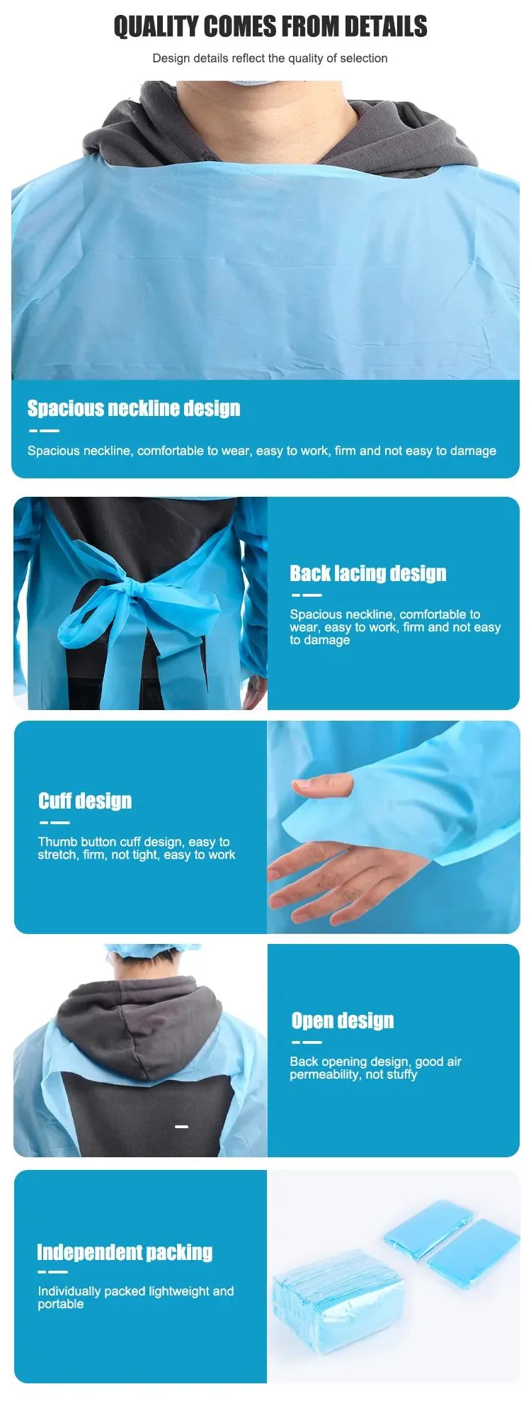 Waterproof Standard Reinforced Disposable Surgical Non Woven Waterproof CPE Gown with Thumb Loop