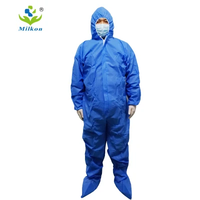 Traje de aislamiento no tejido azul Bata de aislamiento SMS Bata de aislamiento con capucha desechable médica Producir venta al por mayor Azul Aceptar OEM