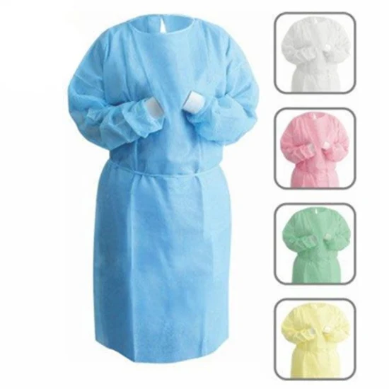 Fábrica de China Precio al por mayor Azul Amarillo Rojo Blanco 30GSM 40GSM Delantal Traje PP PE SMS Uniforme médico desechable Bata de aislamiento quirúrgico para hospital