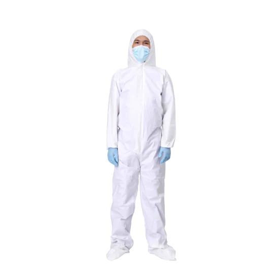 Blanco 55GSM Desechable Impermeable Microporoso Aislamiento antiestático Con capucha Ropa protectora de seguridad industrial Traje de mono no tejido