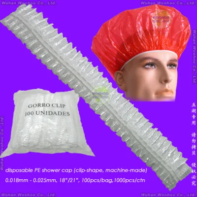 Impermeable Transparente Poly/HDPE/LDPE/Plastic/Clear/Mob/Mop Gorro de ducha de PE desechable para hotel/baño de viaje/baño con formas plisadas/engarzadas/tira/clip/raya