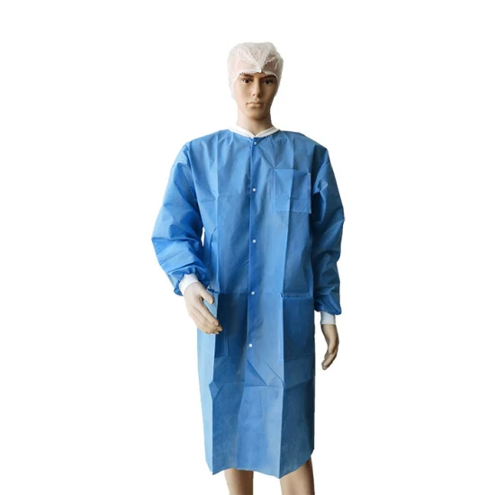 Suministro médico, batas desechables azules desechables no estériles, bata de laboratorio X-Large de 40 GSM SMS con muñecas tejidas, cuello de punto, 3 bolsillos